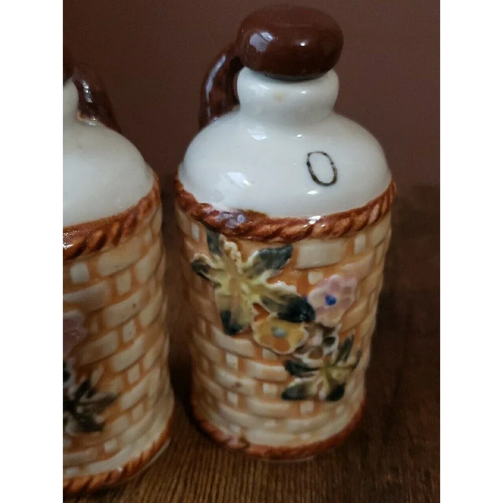 Vintage Oil & Vinegar Bottle Ceramic Basketweave Hand Painted Floral Cruets